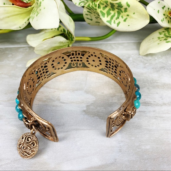 Boho Festival Bronze Round Turquoise Beaded Cuff - Picture 6 of 9